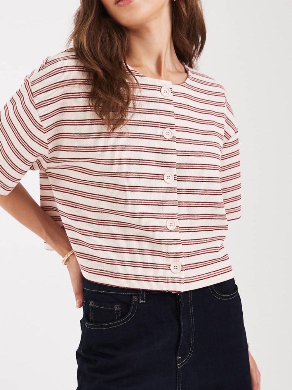 ASOS Cream and Burgundy Striped Short-Sleeve Button Crop Top
